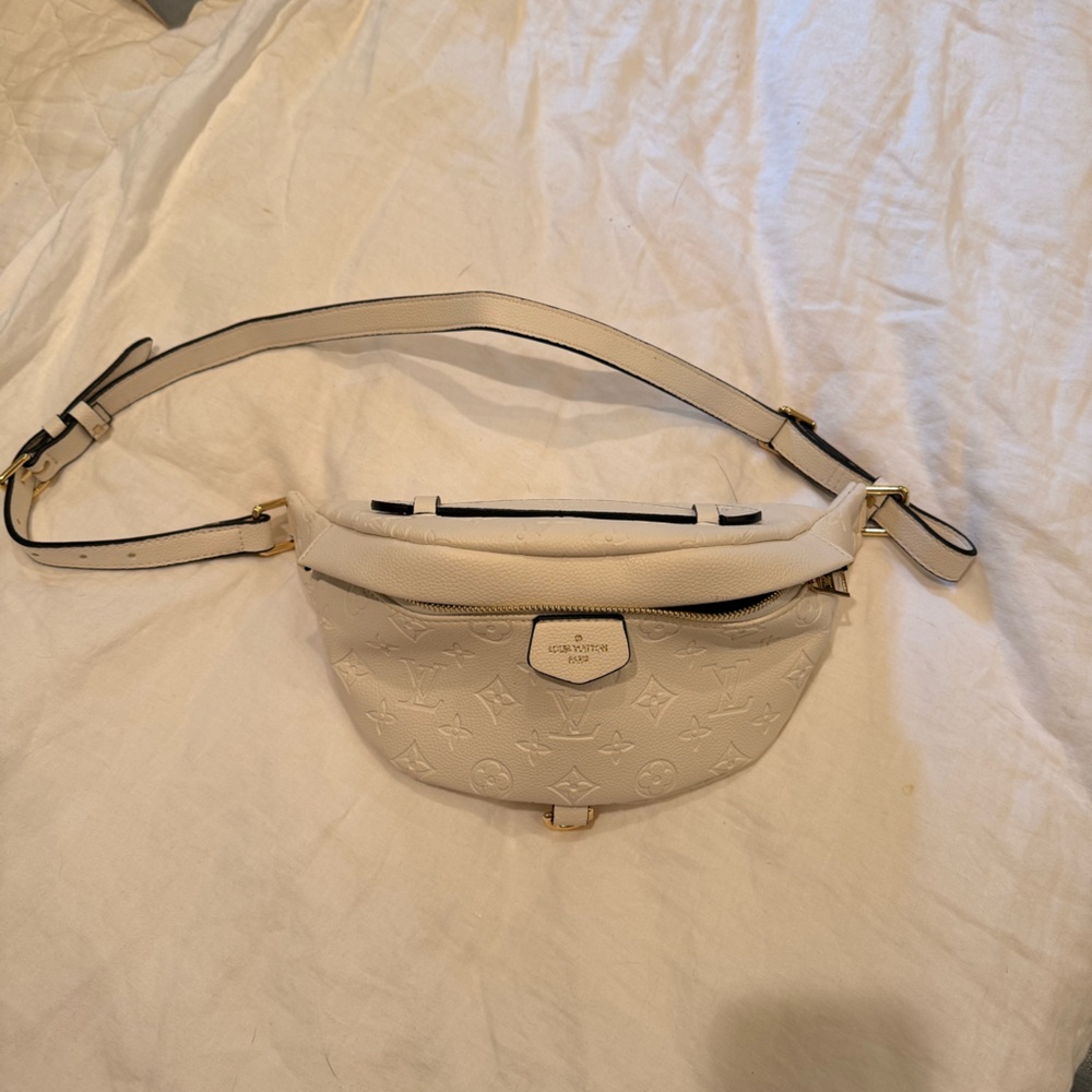L V Inspired Cream Embossed Monogram Crossbody Belt Bag